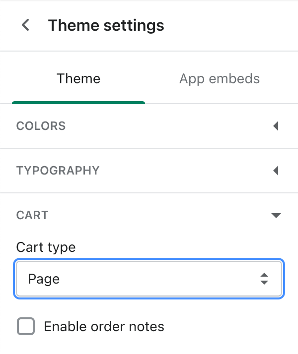 Setting the cart type in your Shopify theme settings